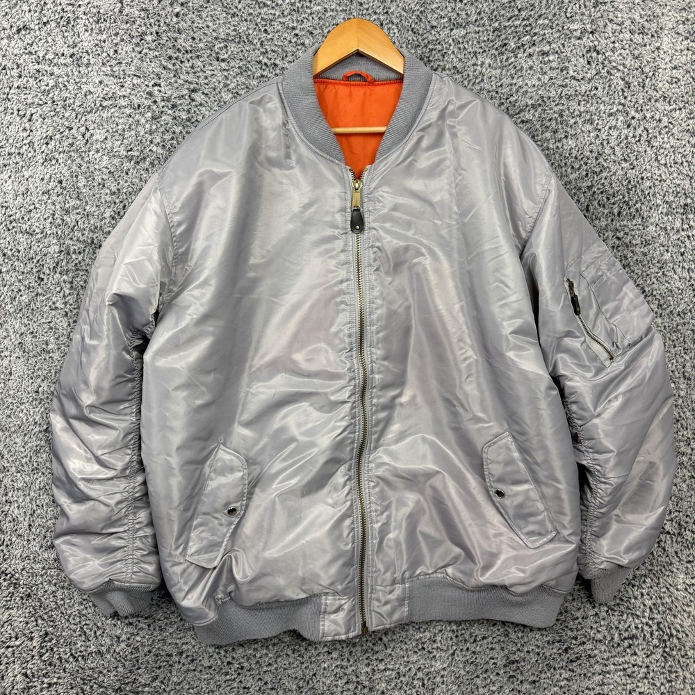 MA-1 Flight Jacket Mens 3XL Gray Reversible Bomber Orange Lining Padded PJ Mark